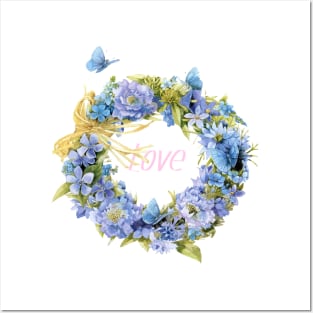 Love Text with Blue Flowers Wreath Posters and Art